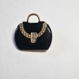 Vintage Gold Tone Black Enamel Purse Brooch Pin